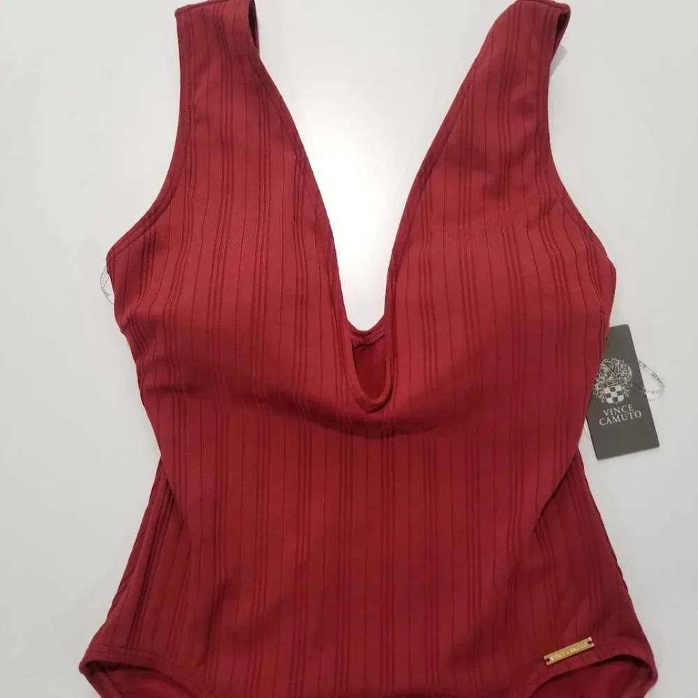 Vince Camuto Ribbed Plunge V-Neck One-Piece Swimsuit Sangria Size 10 - Picture 4 of 9